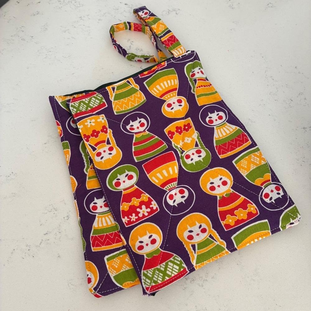 Handmade Kokeshi Doll Quilted Pot Holders 2 Purple Green Japanese Folk Art